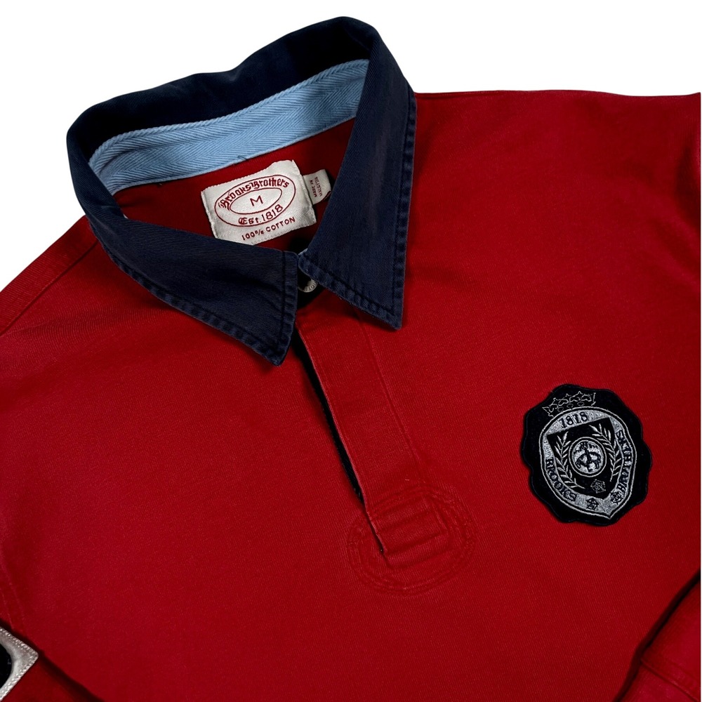 Brooks Brothers Rugby Shirt Mens M Red Crest Logo Long Sleeve Patch 100% Cotton